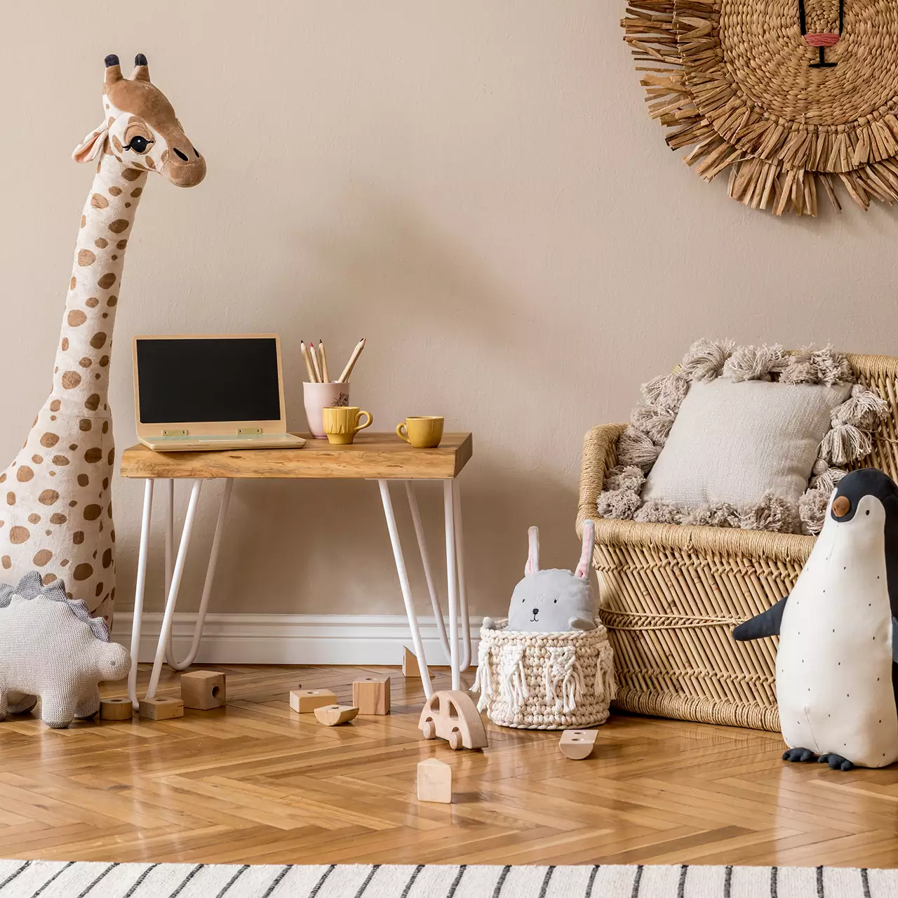 Chambre d'enfant avec peluches, jouets en bois et petit bureau