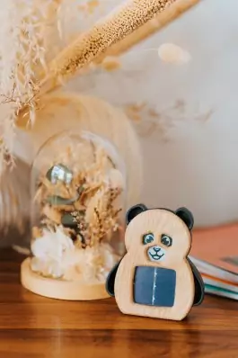 Capteur French Panda posé sur une commode, entouré de fleurs séchées sous cloche